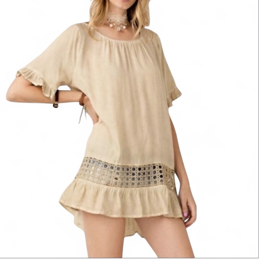 NWOT Boho Mini Babydoll dress Sand color Ruffles detailed hem design S